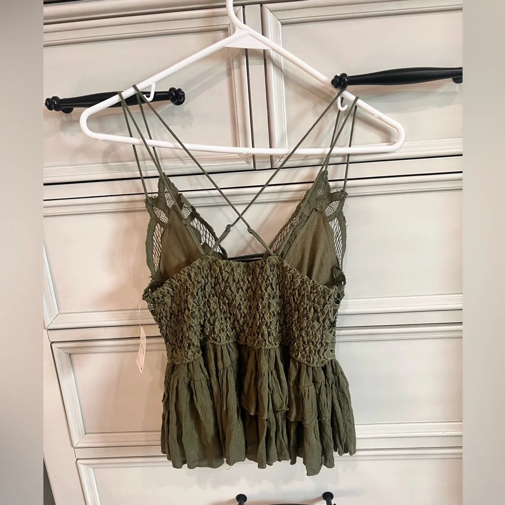 Free People Adella Cami Top NWT XS  Green Lace Ruffle Boho Festival Tank #76